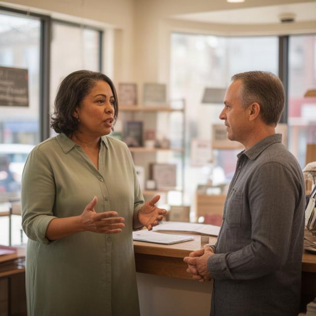 Lelaina Hueske speaking with a local business owner in a welcoming Youngstown storefront